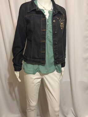 Jeanbay Floral Embroidered Jean Jacket Women’s MP Dark Indigo Boho Y2K Aesthetic